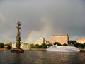 MOSCOW, RUSSIA - MAY 26, 2011: View of Peter Great monument architect Zurab Tseretely with rainbow