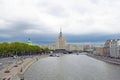 View of the river, Kotelnicheskaya embankment and Stalin era tower building skyscraper. City center