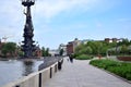 Moscow, Russia - May 13, 2019: The view to the Monument to the Peter the Great and the Moskva river from the Krymskaya embankment Royalty Free Stock Photo