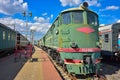 Vintage green train on the platform at the train museum at the Riga station in Moscow Royalty Free Stock Photo