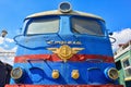 vintage retro blue train on the platform in the museum of trains at the Riga Station in Moscow Royalty Free Stock Photo