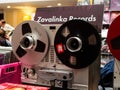 Vintage tape recorder is playing music at the international exhibition `HI-FI