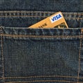 MOSCOW, RUSSIA - MAY 24, 2018: Visa Gold Credit Card in Blue Denim Jeans Pocket Royalty Free Stock Photo