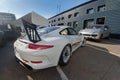 Moscow, Russia - May 05, 2019: White Porsche 911 GT3 RS Cup parked on the street. Super tuned and full modified racing car. Back