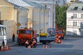 Moscow, Russia, September, 01, 2018. Men repairing road in Podkolokolny lane in Moscow