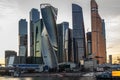 Moscow City at sunset, embankment view. Modern architecture of Moscow. Travel around Russia.