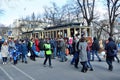 Moscow, Russia, April, 15, 2017. Muscovites and guests of the capital near the tram A `Annushka` on Chistoprudny Boulevard
