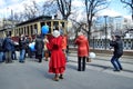 Moscow, Russia, April, 15, 2017. Muscovites and guests of the capital near the tram A `Annushka` on Chistoprudny Boulevard