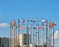 Moscow, Russia - 07.12.2021: National flags of many diffirent countries in the street