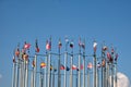 Moscow, Russia - 07.12.2021: National flags of many diffirent countries in the street