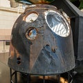 Moscow, Russia - November 28, 2018: Burnt land capsule after returning to the Earth in Space museum. Inside The