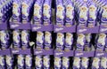 Moscow, Russia, November 2020: Close up of lots of chocolate winking Santa Claus Milka in purple