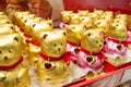 Moscow, Russia, November 2020: Lindt chocolate Teddy bears in gold foil and with a red heart pendant are sold in a supermarket