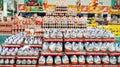 Moscow, Russia, November 2020: Many huge chocolate eggs Kinder surprise of a bunch of food. Holiday sale