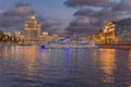 Moskva river night view and a touristic boat cruising