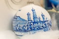 MOSCOW, RUSSIA - NOVEMBER 20, 2017: Museum of Christmas toys. Modern Christmas toys. Painting ball with Moscow landscape