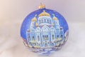 MOSCOW, RUSSIA - NOVEMBER 20, 2017: Museum of Christmas toys. Modern Christmas toys. Painting ball with temple of Christ the