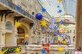 Moscow, Russia - November 21, 2019: New Year interior of GUM on Red square. GUM State Department Store is a popular public place