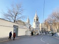 Moscow, Russia, November, 22, 2019. People walking near Ioanno-Predtechensky women monastery in Maly Ivanovsky lane Royalty Free Stock Photo