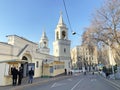 Moscow, Russia, November, 22, 2019. People walking near Ioanno-Predtechensky women monastery in Maly Ivanovsky lane Royalty Free Stock Photo