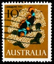 Postage stamp printed in Australia shows Orange Clownfish Amphiprion percula - Anemone Fish, Sea Life serie, circa 1966