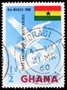Postage stamp printed in Ghana shows Three Flying Eagles and Flag, 3rd Anniversary of Independence serie, circa 1960