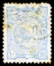 Postage stamp printed in Iran shows Lion, Coat of arms lion, Muzaffar ad-Din Shah serie, circa 1897