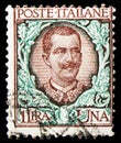 Postage stamp printed in Italy shows Effigy of Vittorio Emanuele III and floreal ornaments, Floreal serie, 1 - Italian lira, circa