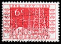 Postage stamp printed in Netherlands shows Broadcast pylons (1952), Telegraph Centenary serie, circa 1952