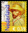 Postage stamp printed in Netherlands shows Self-portrait with straw hat, Vincent van Gogh's 150th birthday serie, circa 2003 Royalty Free Stock Photo