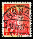 Postage stamp printed in Switzerland shows Saint Gotthard Railroad, Landscapes serie, 20 Ct. - Swiss centime, circa 1934