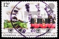 Postage stamp printed in United Kingdom shows Goods Truck & Mail Coach, Liverpool & Manchester Railway serie, circa 1980