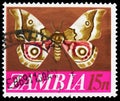 Postage stamp printed in Zambia shows Moth (Nudaurelia zambesina), New Decimal Currency Definitives serie, circa 1968