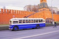 Retro city trolleybus parade goes along Kremlin wall