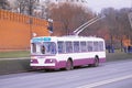 Retro city trolleybus parade goes along Kremlin wall