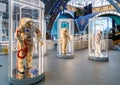 Moscow, Russia - November 28, 2018: Russian astronaut spacesuits in Moscow space museum. Soviet cosmonaut or astronaut