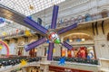 Moscow, Russia - November 21, 2019: Space station layout in the hall of GUM State Department Store. New Year interior of GUM on