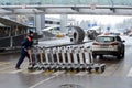 A worker pushes Luggage carts at Moscow`s Sheremetyevo international airport