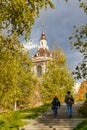 Moscow, Russia - October 08, 2019: Architecture of Zaryadye Park in Moscow. View of restored orthodox church at sunny autumn day