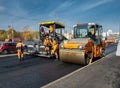 Moscow, Russia -October 9. 2018. Asphalt pavement repair using asphalt paver