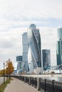 Moscow, Russia - October 05, 2019: Moscow City skyline. Moscow International Business Centre at day time with Moskva river. Royalty Free Stock Photo