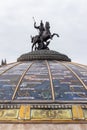 Moscow, Russia - October 12, 2019: Copper statue of St. George the Victorious killing a snake in the dome of the Okhotny Ryad