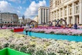 Moscow, Russia - October 08, 2019: Decorative installations of flowers in front Four Seasons Hotel on Manezhnaya Square at sunny