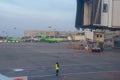 Moscow, RUSSIA - October 11 2020: DOMODEDOVO airport. Jetway Doors on and Airport Runway with Flight Control Tower and Closed Gate