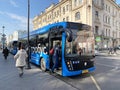 Moscow, Russia, October, 16, 2019. Electric bus at the bus stop on Pokrovka street in autumn in Moscow