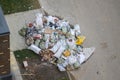 Moscow, Russia, October 20, 2019: Empty building materials packaging and construction debris are piled on street in front of new