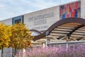 Moscow, Russia - October 03, 2019: Facade of New Tretyakov Gallery in Moscow at sunny autumn day against blue sky with white