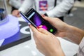 Moscow, Russia - October 04, 2019: female hands holding a new flagship smartphone Samsung Galaxy Fold with flexible display. Royalty Free Stock Photo