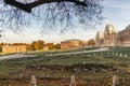 Grand Palace and the Bread House, First and Second Cavalry Buildings in Tsaritsyno Park on autumn day in Moscow. Russia