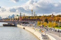 Moscow, Russia - October 08, 2019: Moscow Kremlin against Moskvoretskaya Embankment of Moskva River in sunny autumn day. View of Royalty Free Stock Photo